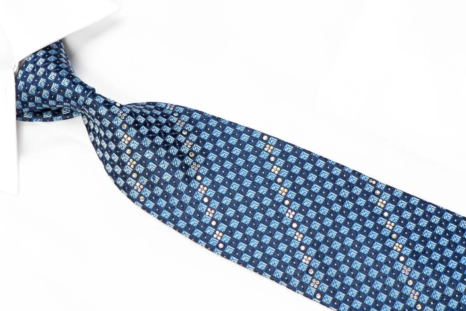 Elegance Rhinestone Silk Necktie Blue Checkered With Silver Sparkles