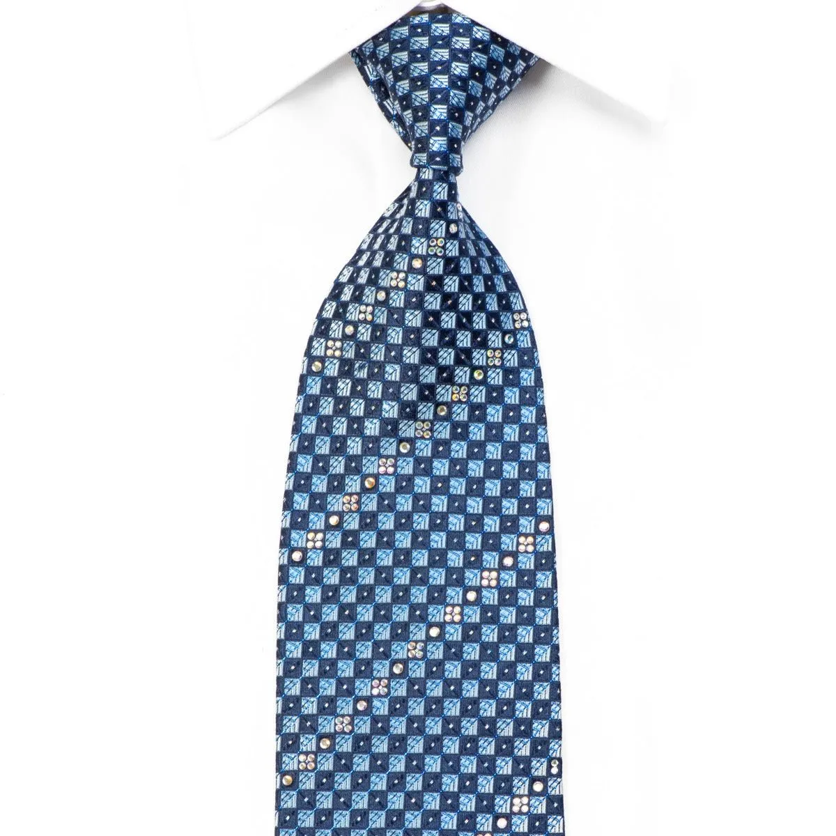 Elegance Rhinestone Silk Necktie Blue Checkered With Silver Sparkles