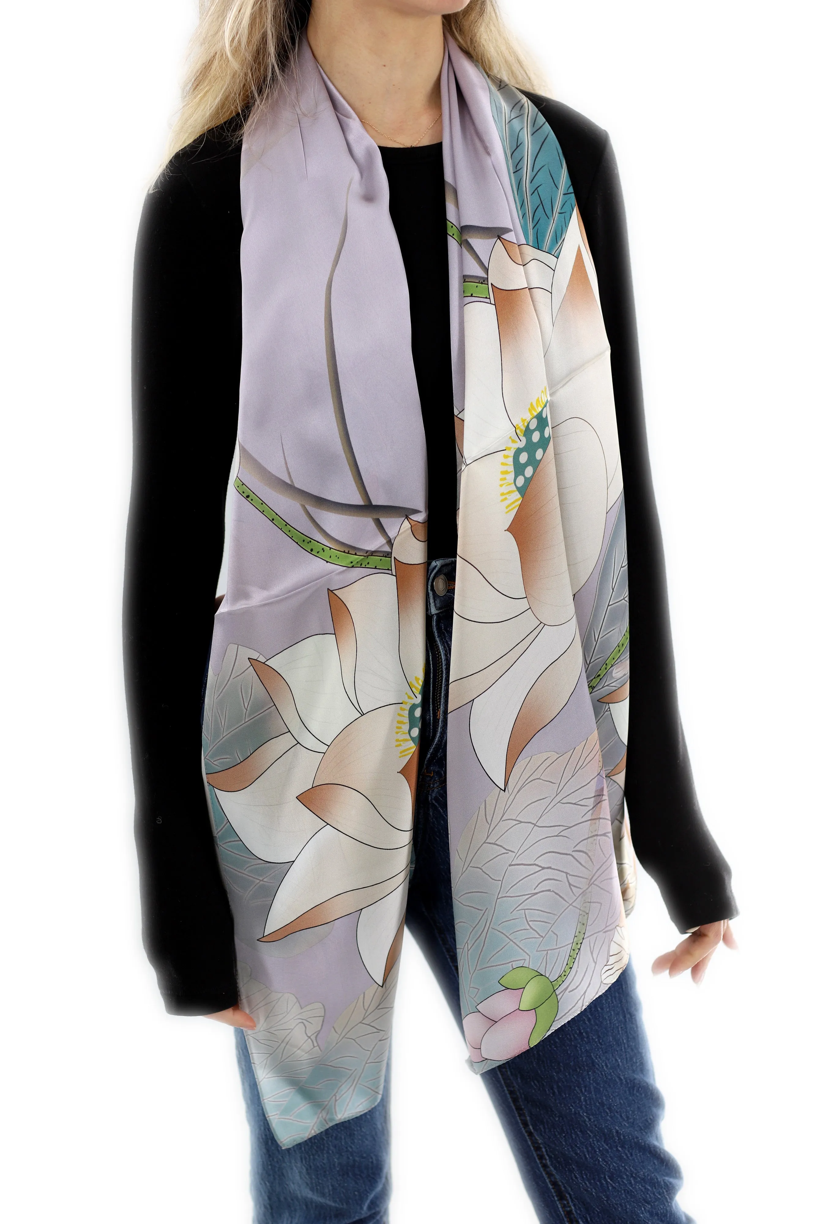 Elegant 100% Silk Floral Print Scarf - Light Grey - One Size (38x30in)