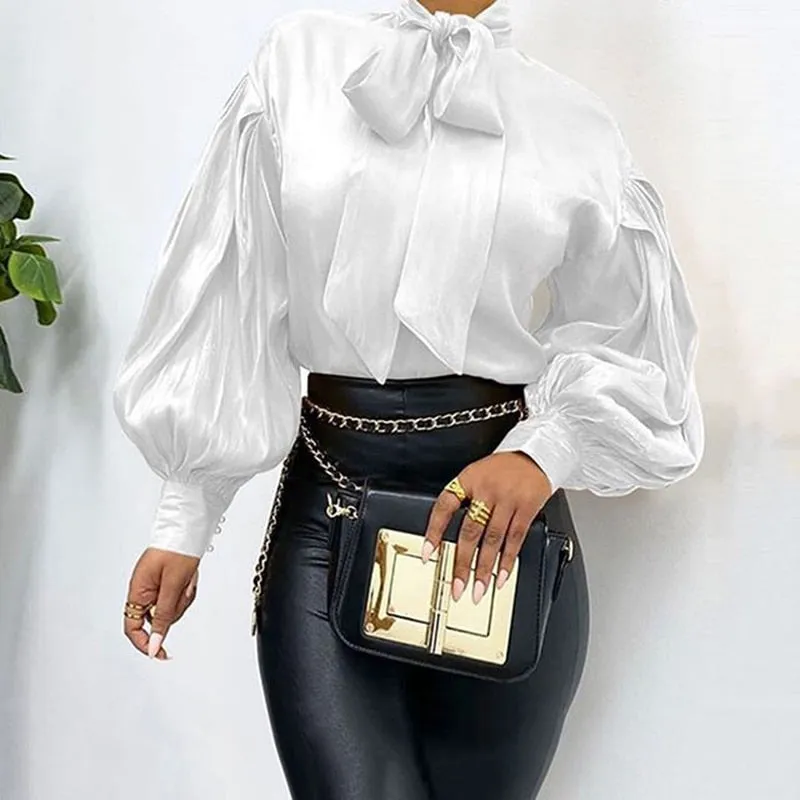 Elegant Office Women Puff Sleeve Blouses Bow Collar Solid Shirts  Fashion Casual Loose Tunic Tops Party Blusas Femme