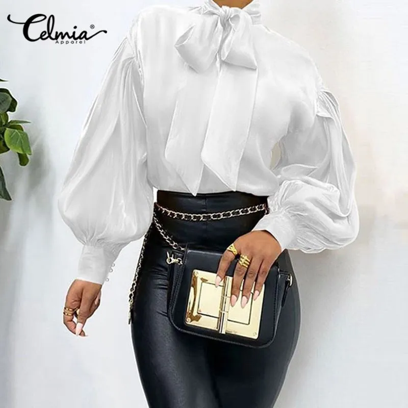 Elegant Office Women Puff Sleeve Blouses Bow Collar Solid Shirts  Fashion Casual Loose Tunic Tops Party Blusas Femme