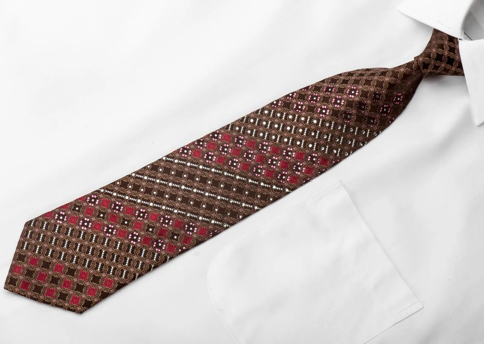 Elle Homme Mens Crystal Necktie Cartouche On Brown With Silver Sparkles