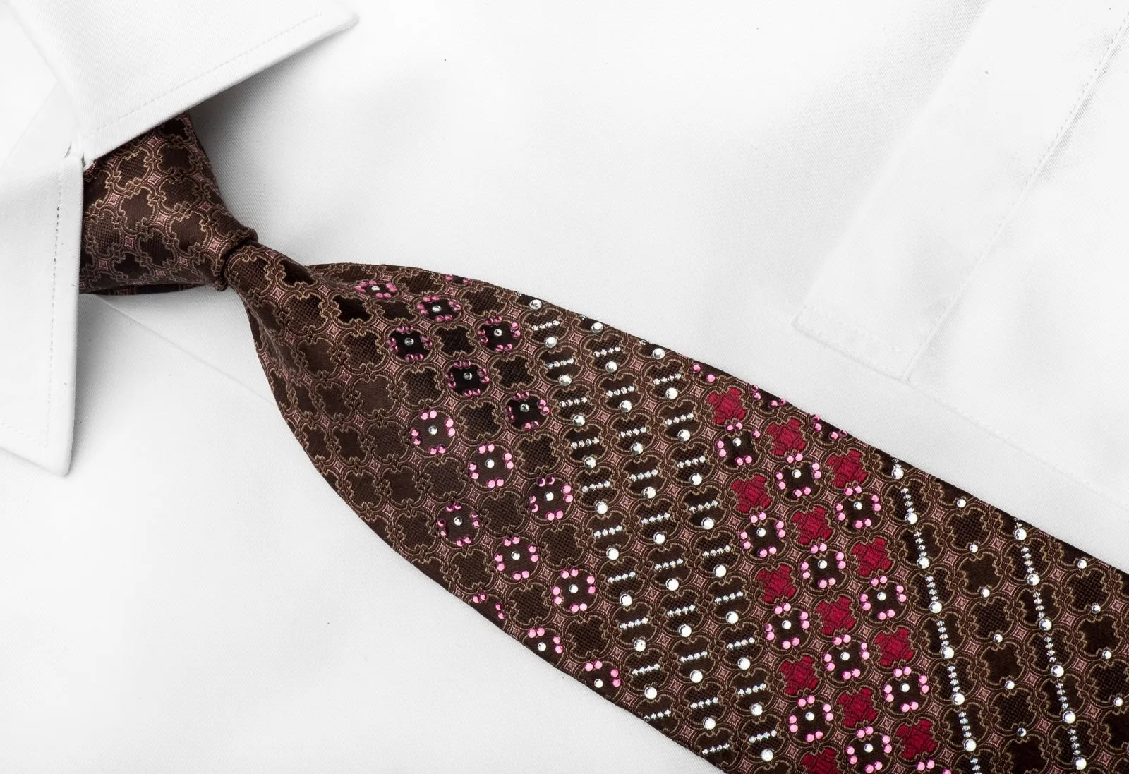 Elle Homme Mens Crystal Necktie Cartouche On Brown With Silver Sparkles