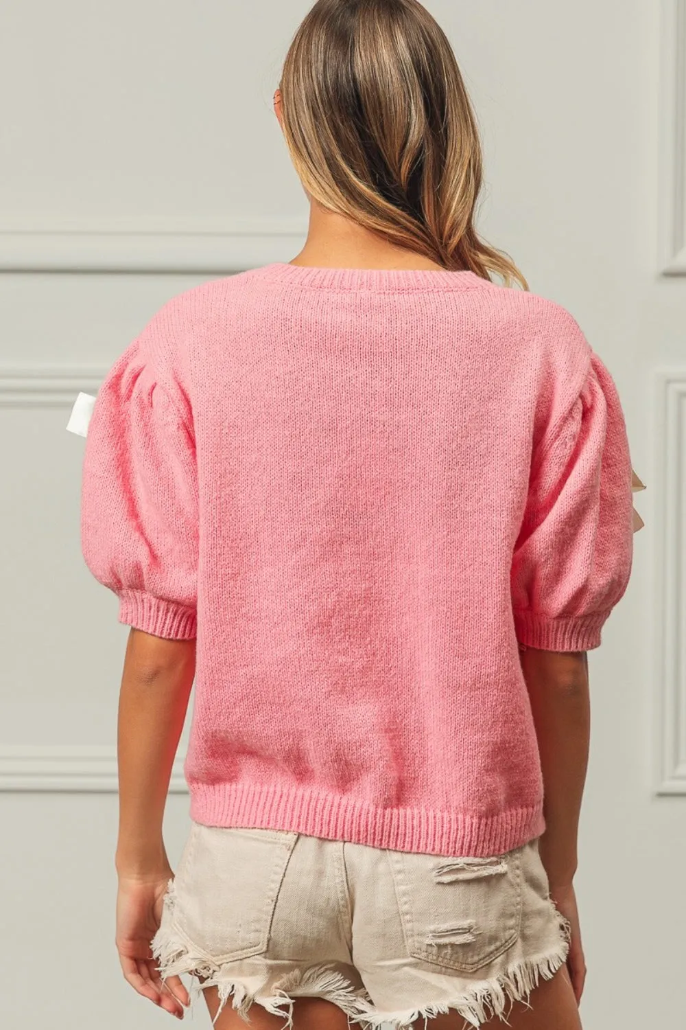 Explore More Collection - BiBi Ribbon Bow Detail Puff Sleeve Sweater