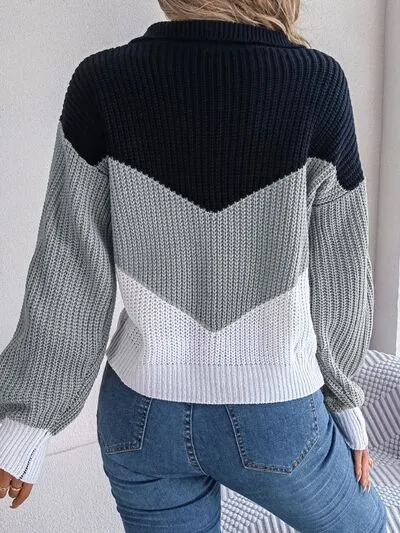 Explore More Collection - Color Block Dropped Shoulder Sweater