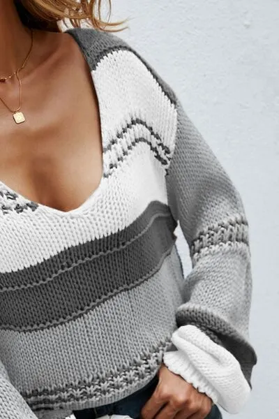 Explore More Collection - Color Block V-Neck Dropped Shoulder Sweater