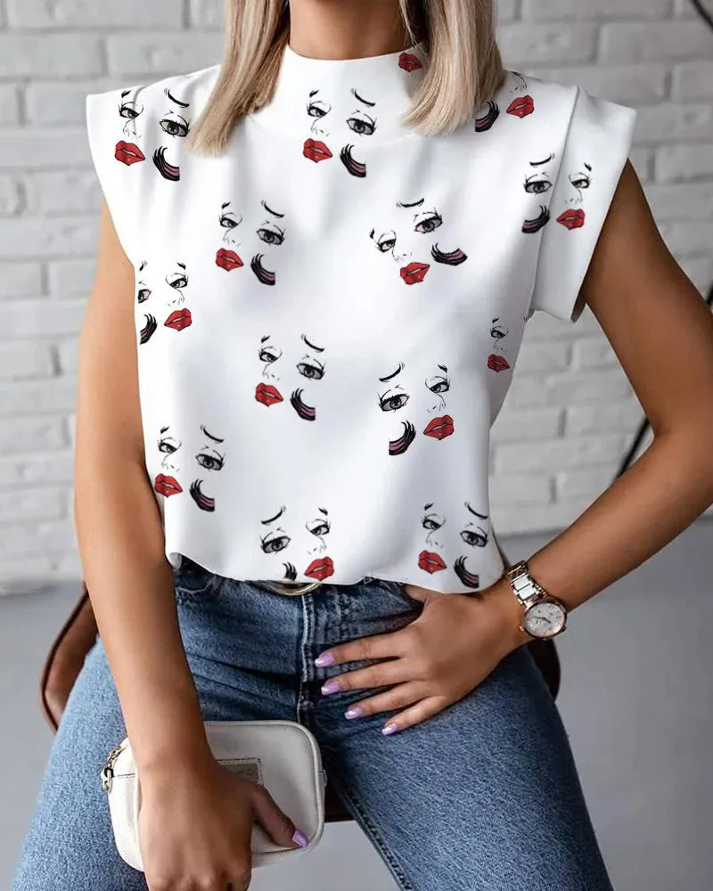 Fashion Elegant Lips Print Tops Summer Office Ladies Hirigin T-shirt