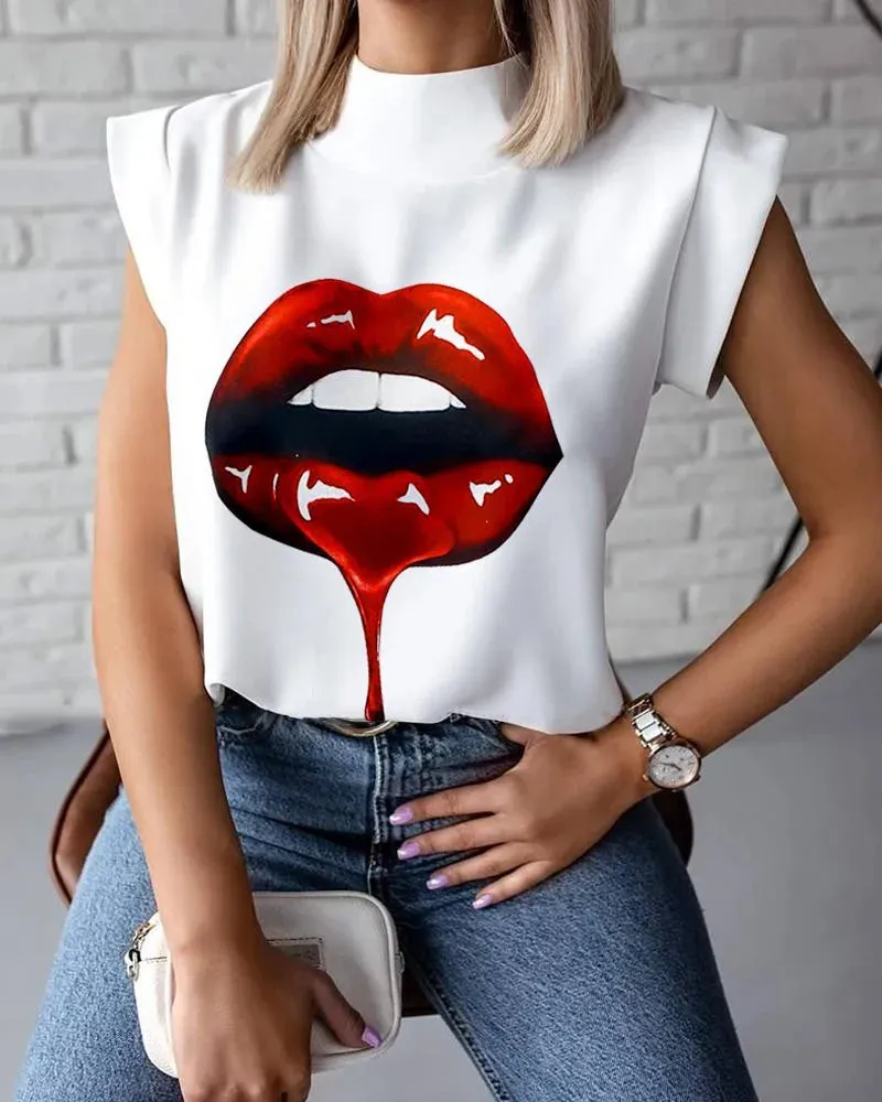 Fashion Elegant Lips Print Tops Summer Office Ladies Hirigin T-shirt