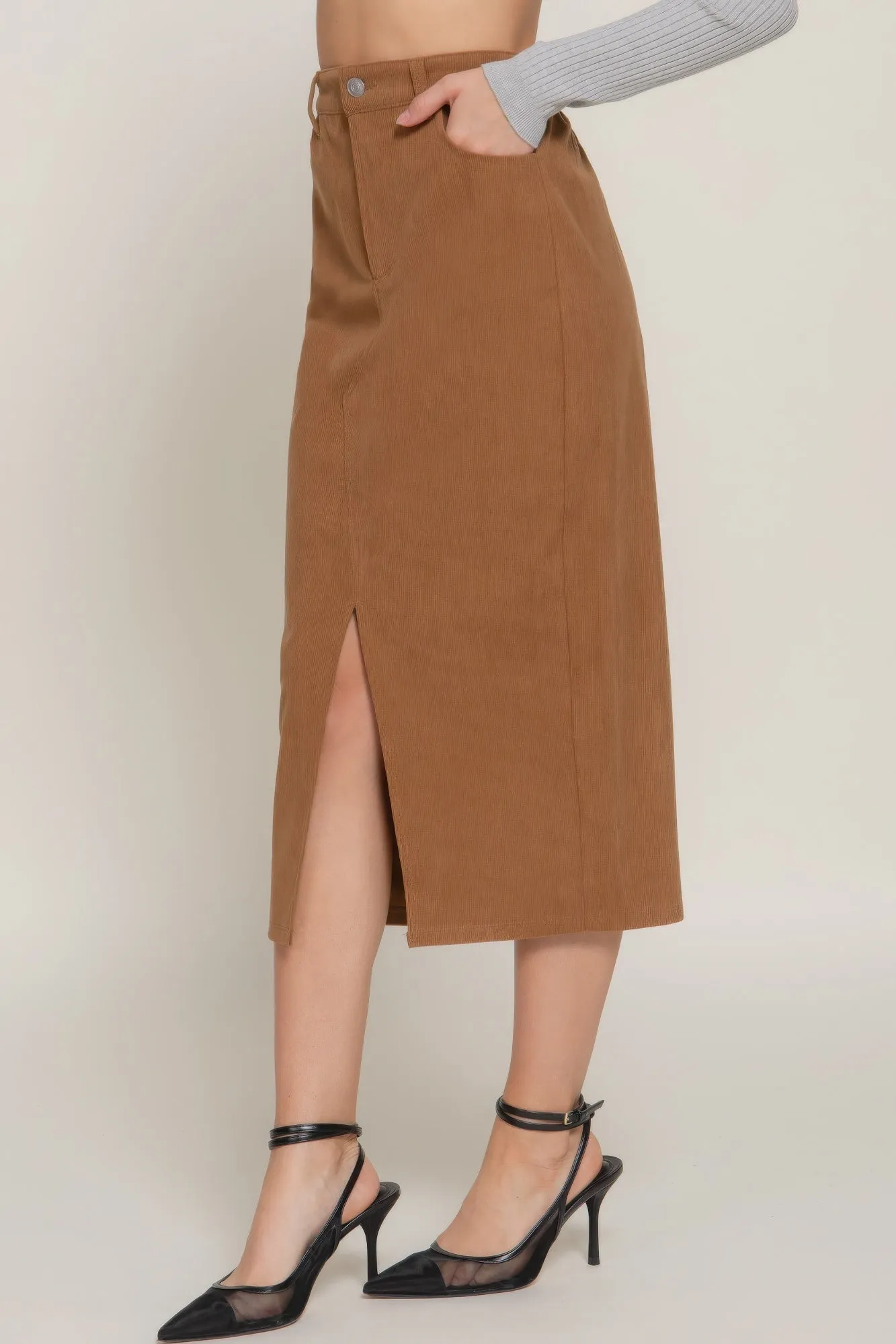 Front Open Slit Corduroy Midi Skirt