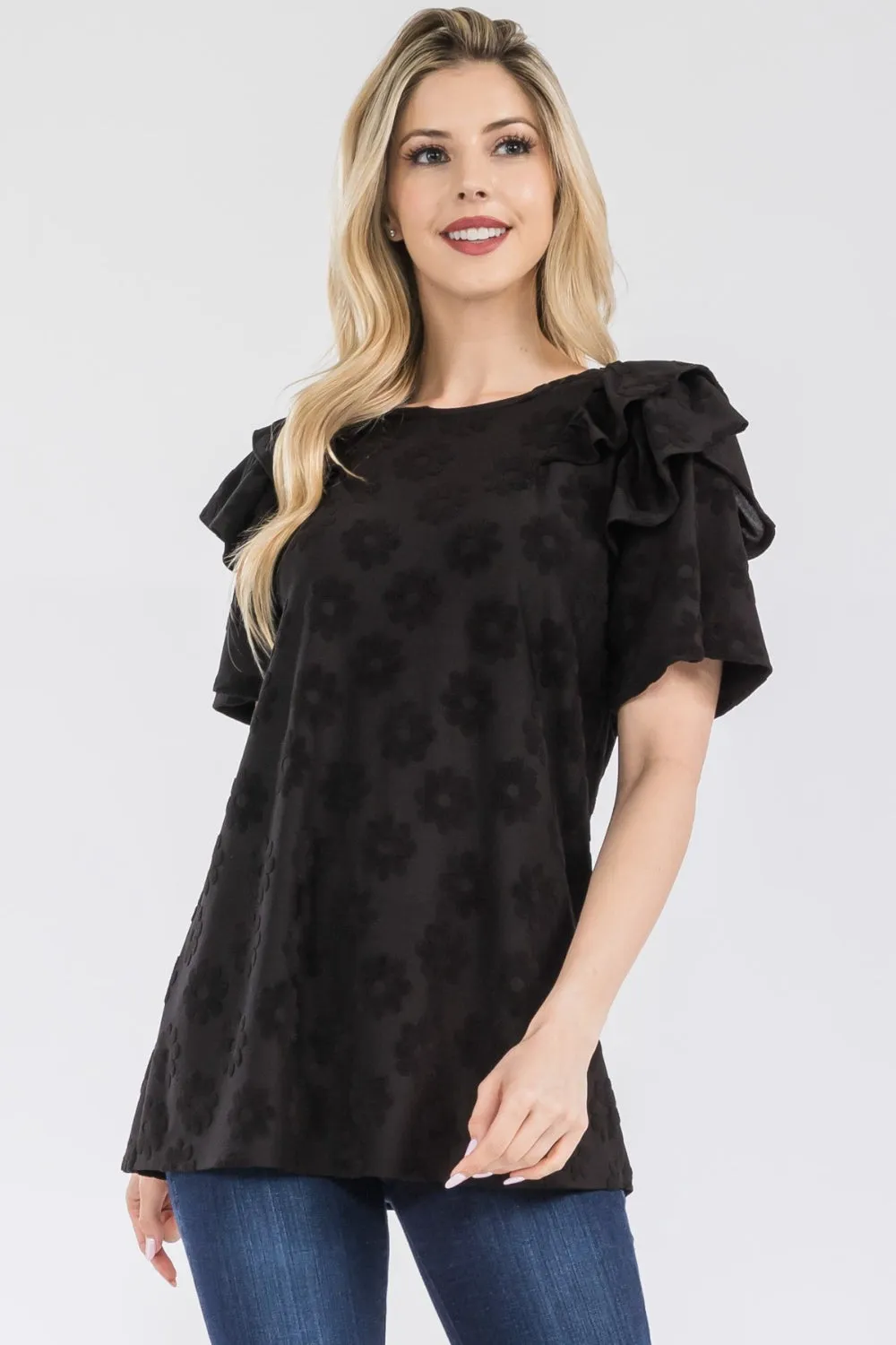 Full Size Ruffle Layered Short Sleeve Daisy Floral Top