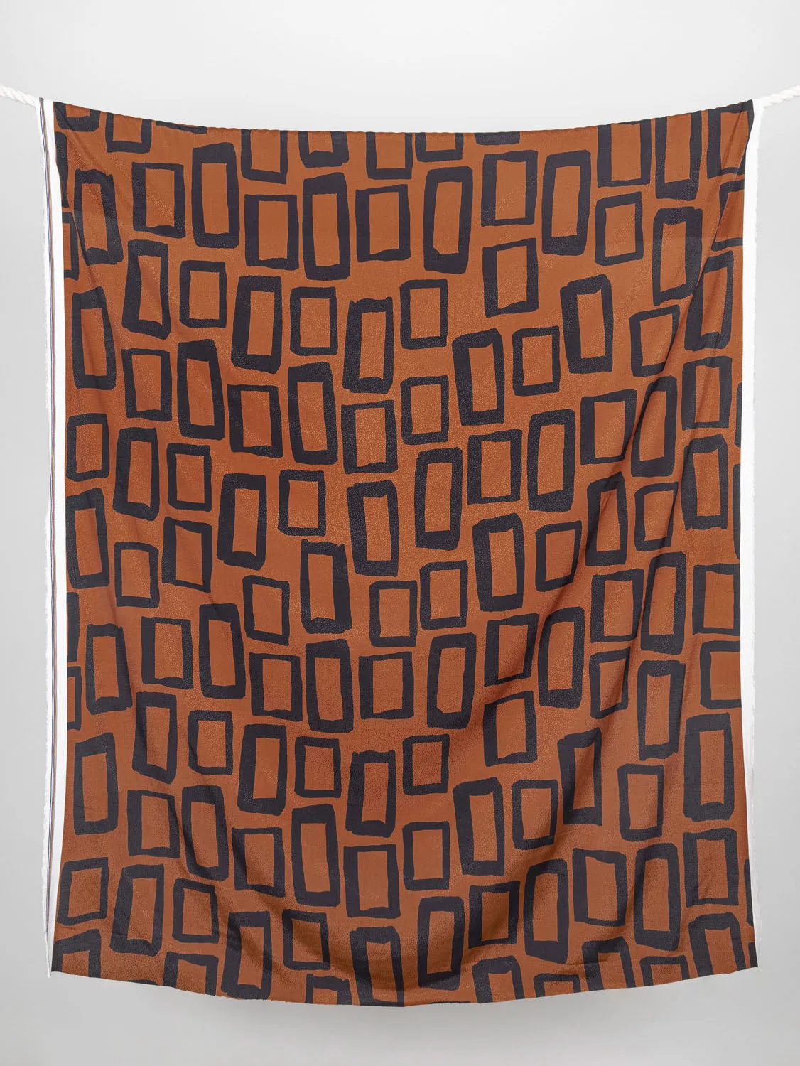 Geo Square Print Viscose Dobby - Pumpkin   Charcoal - Swatch