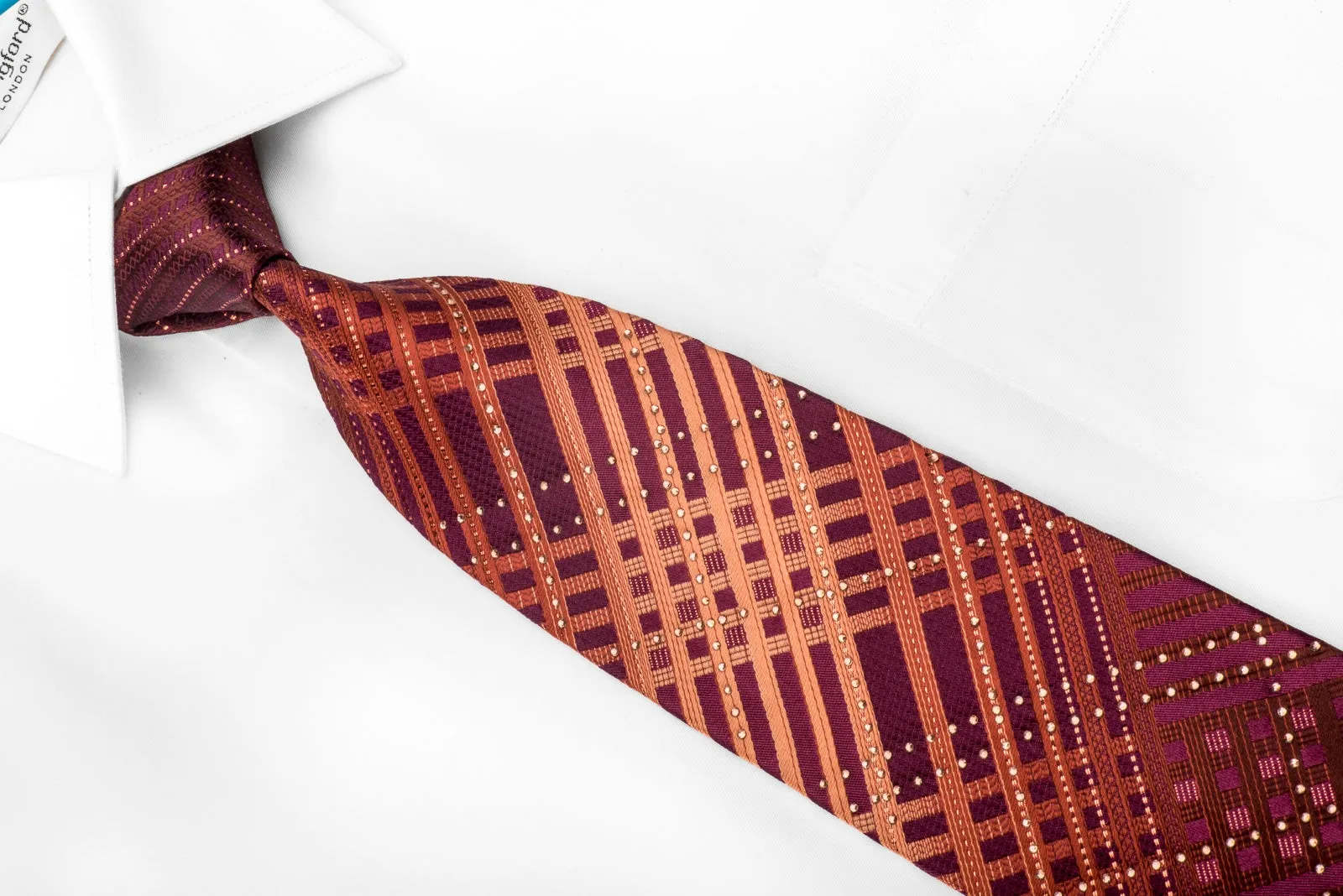 Guy Laroche Men's Crystal Rhinestone Necktie Orange Striped On Burgundy With Sparkles