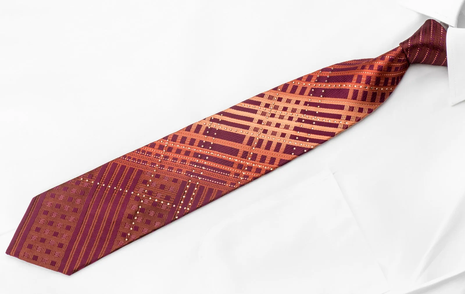 Guy Laroche Men's Crystal Rhinestone Necktie Orange Striped On Burgundy With Sparkles