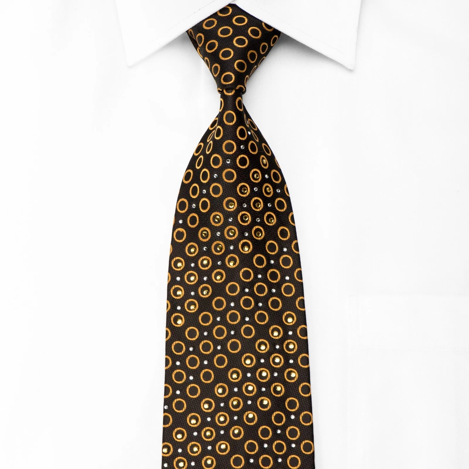 Guy Laroche Men's Crystal Silk Tie Golden Circles On Brown Sparkling With Rhinestones