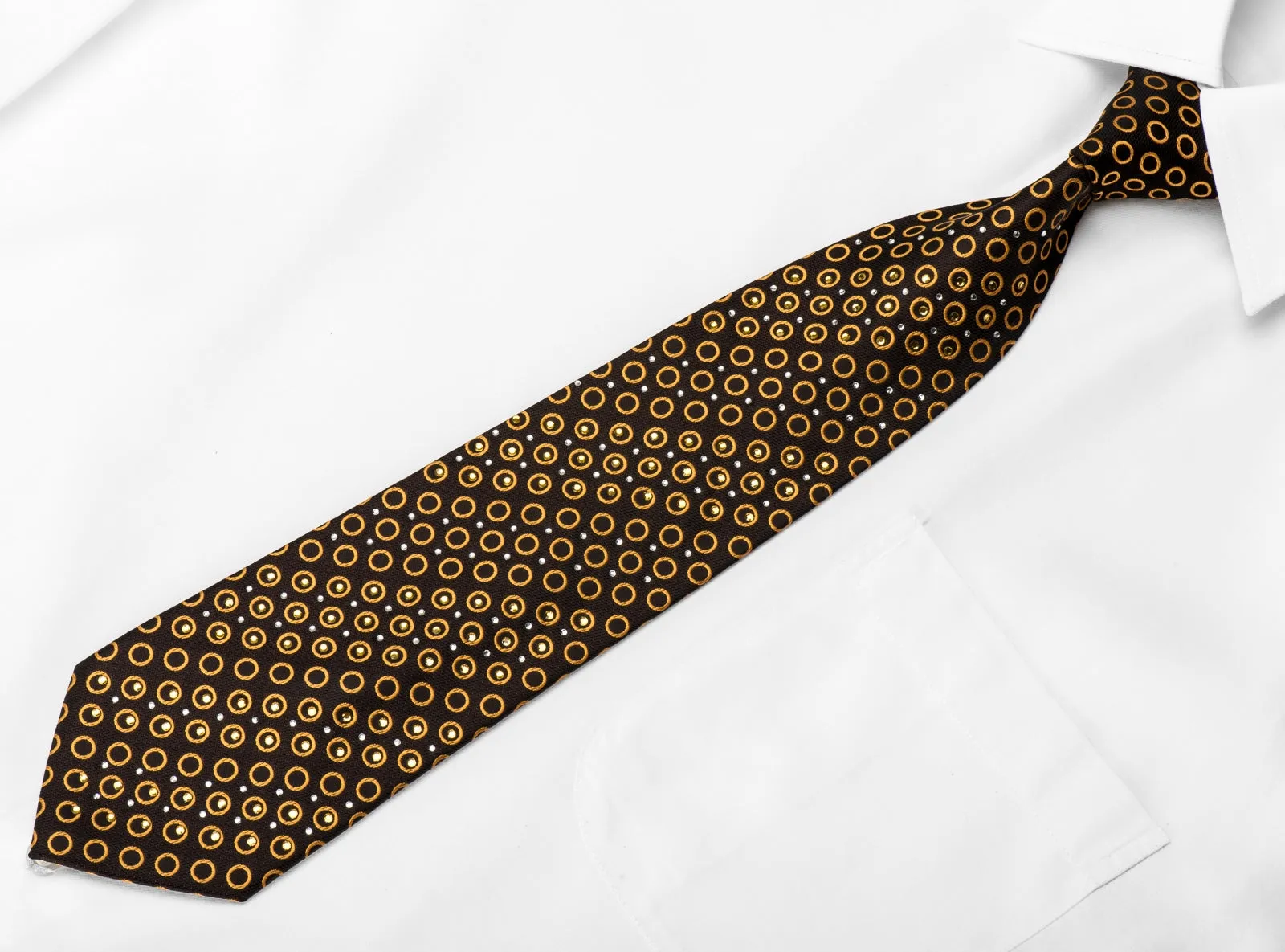 Guy Laroche Men's Crystal Silk Tie Golden Circles On Brown Sparkling With Rhinestones