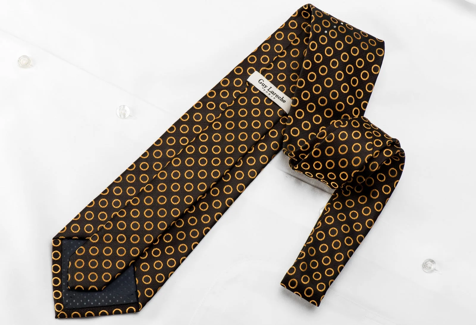 Guy Laroche Men's Crystal Silk Tie Golden Circles On Brown Sparkling With Rhinestones