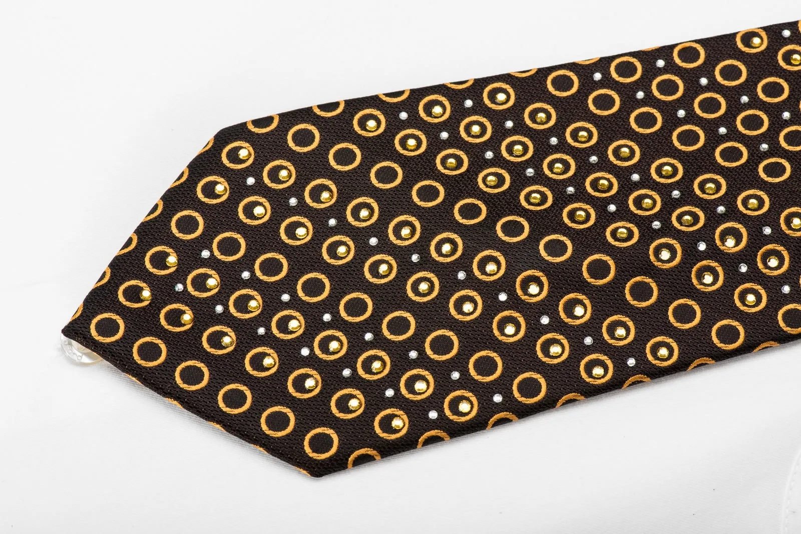 Guy Laroche Men's Crystal Silk Tie Golden Circles On Brown Sparkling With Rhinestones