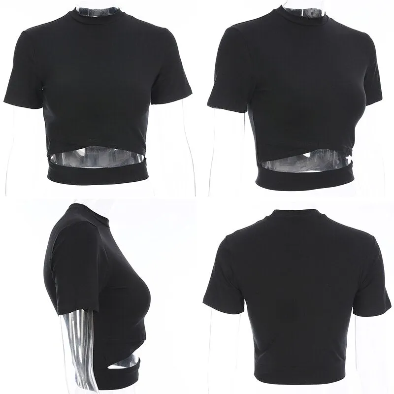 Harajuku Crop Top Hollow Out Casual Korean Style Bandage Tees