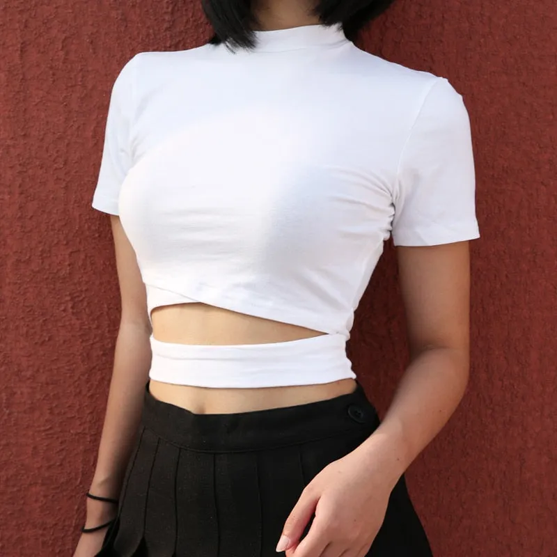 Harajuku Crop Top Hollow Out Casual Korean Style Bandage Tees