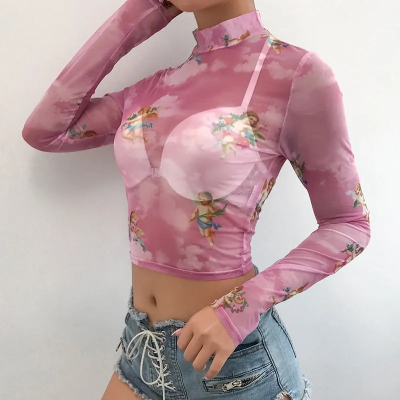 Harajuku Mesh Crop Top Vintage Kawaii Graphic Sexy See Through Turtleneck Long Sleeve