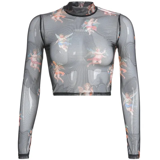 Harajuku Mesh Crop Top Vintage Kawaii Graphic Sexy See Through Turtleneck Long Sleeve