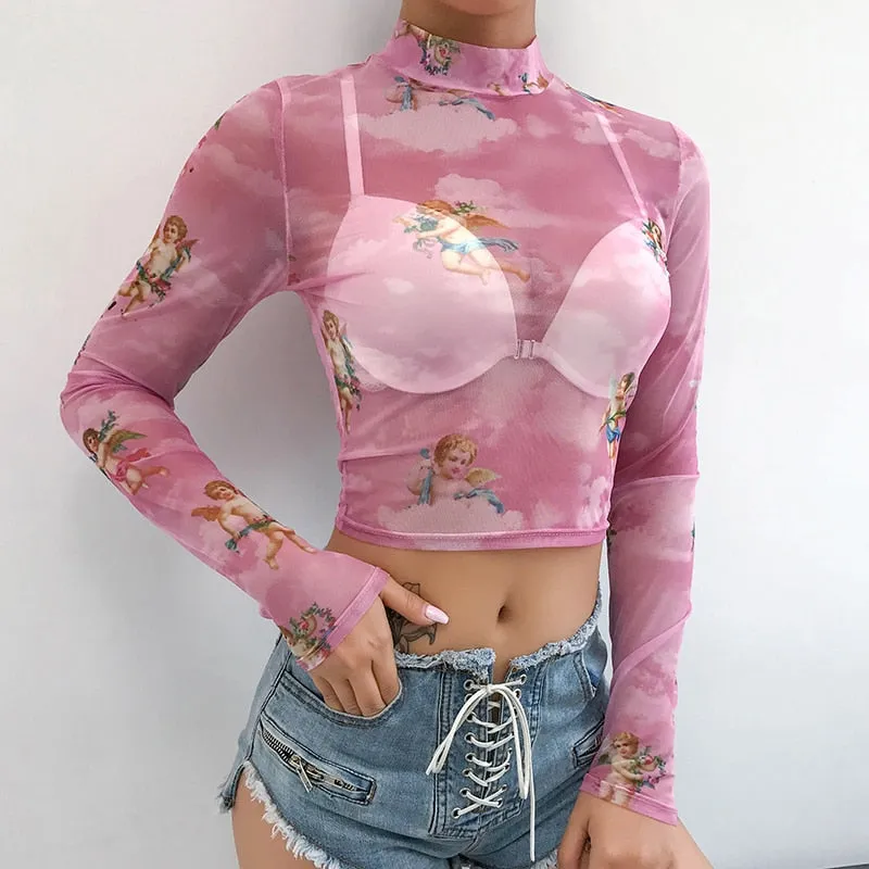 Harajuku Mesh Crop Top Vintage Kawaii Graphic Sexy See Through Turtleneck Long Sleeve