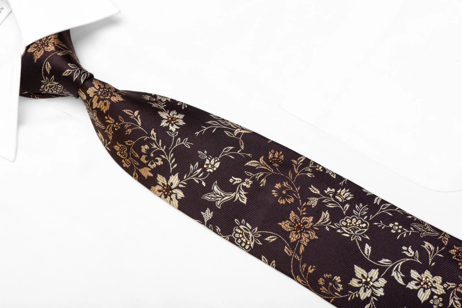 Indian Homme Rhinestone Silk Tie Floral On Brown