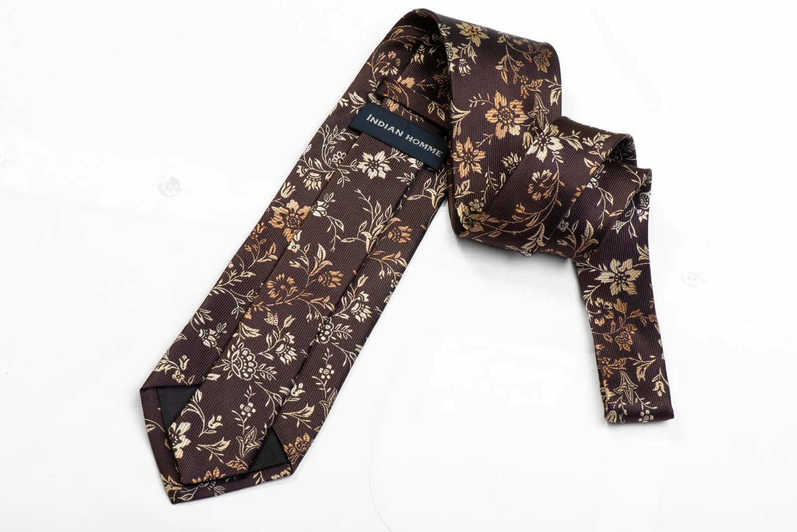 Indian Homme Rhinestone Silk Tie Floral On Brown