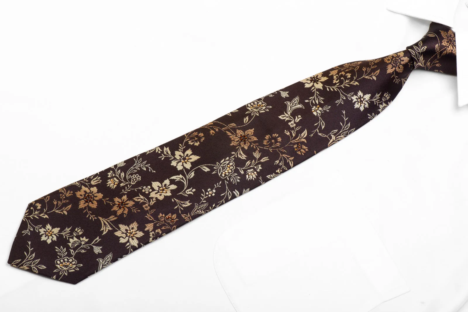 Indian Homme Rhinestone Silk Tie Floral On Brown