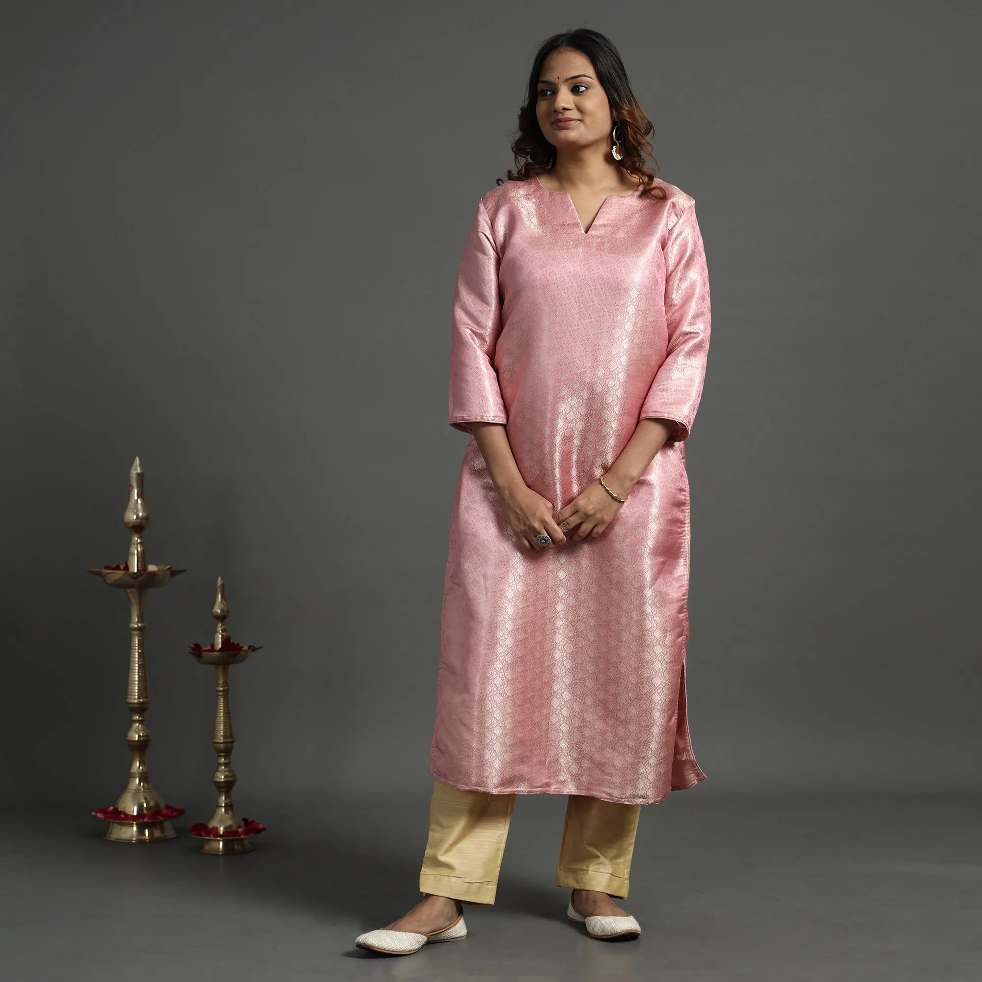 Light Pink - Elegant Banarasi Brocade Silk Kurta with Pant Set