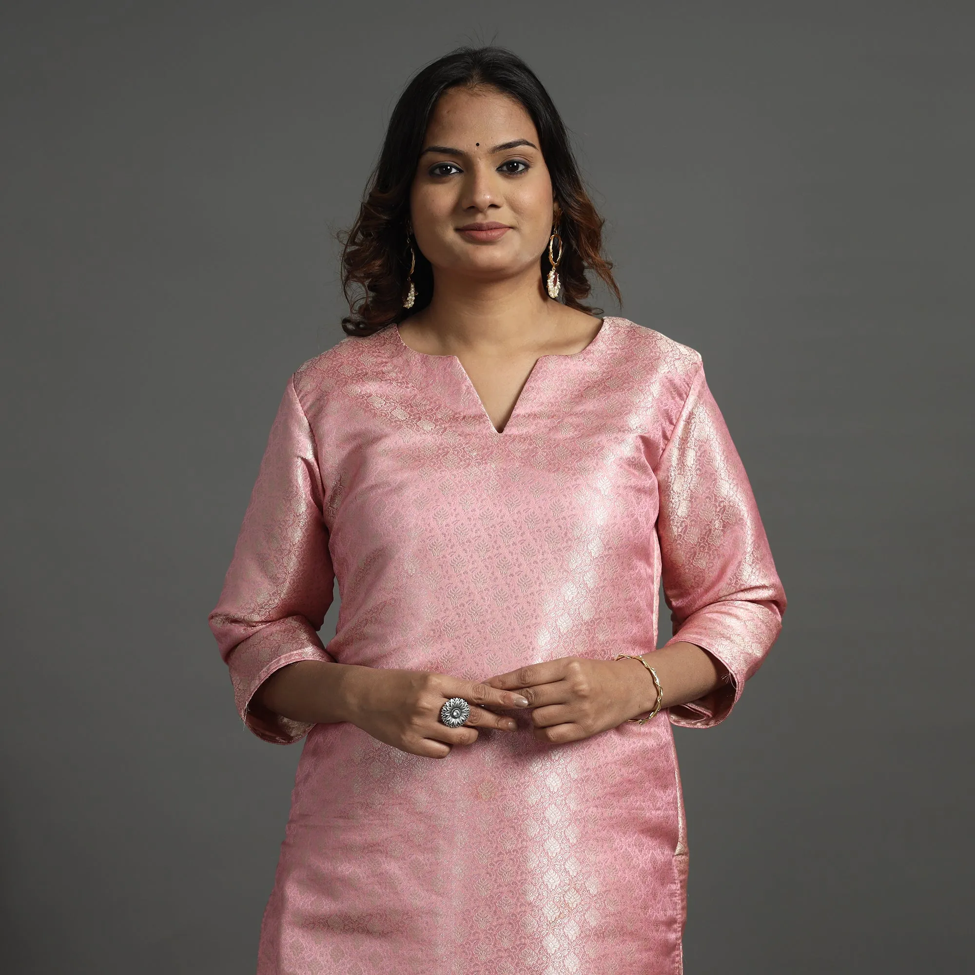 Light Pink - Elegant Banarasi Brocade Silk Kurta with Pant Set