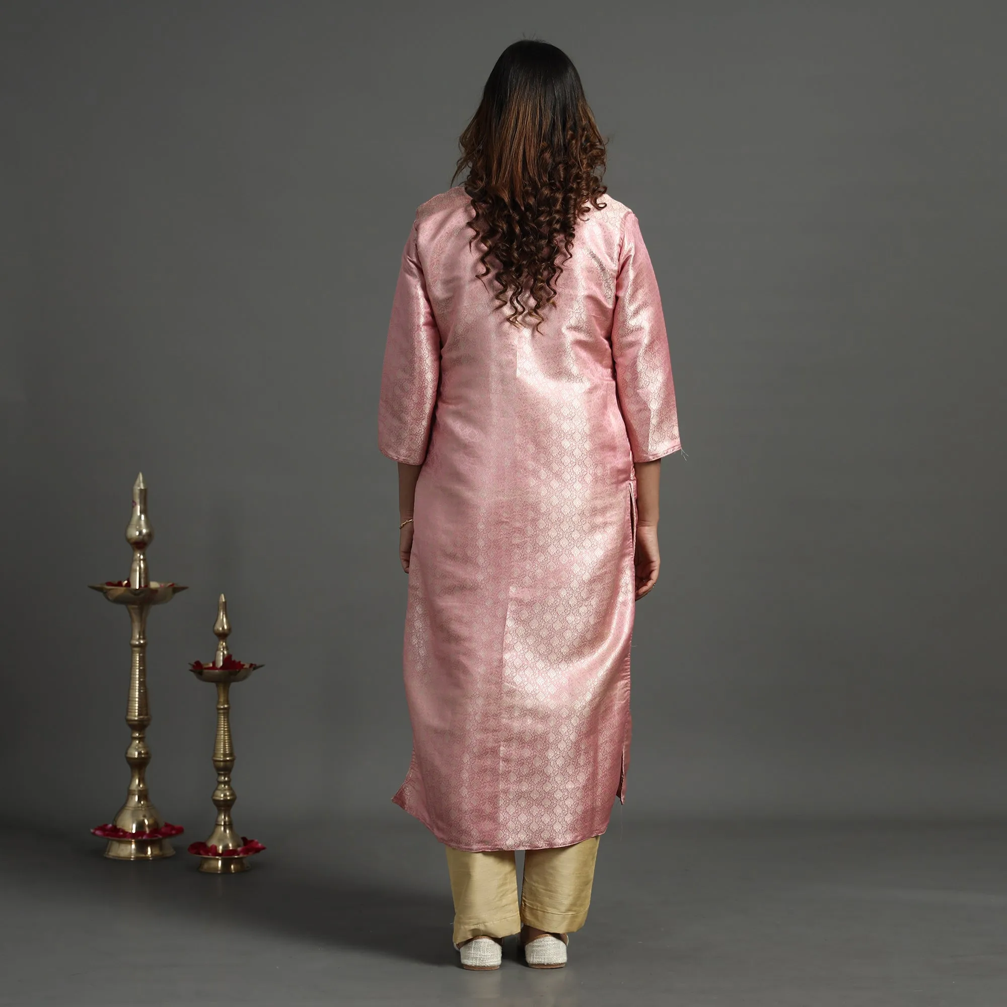 Light Pink - Elegant Banarasi Brocade Silk Kurta with Pant Set