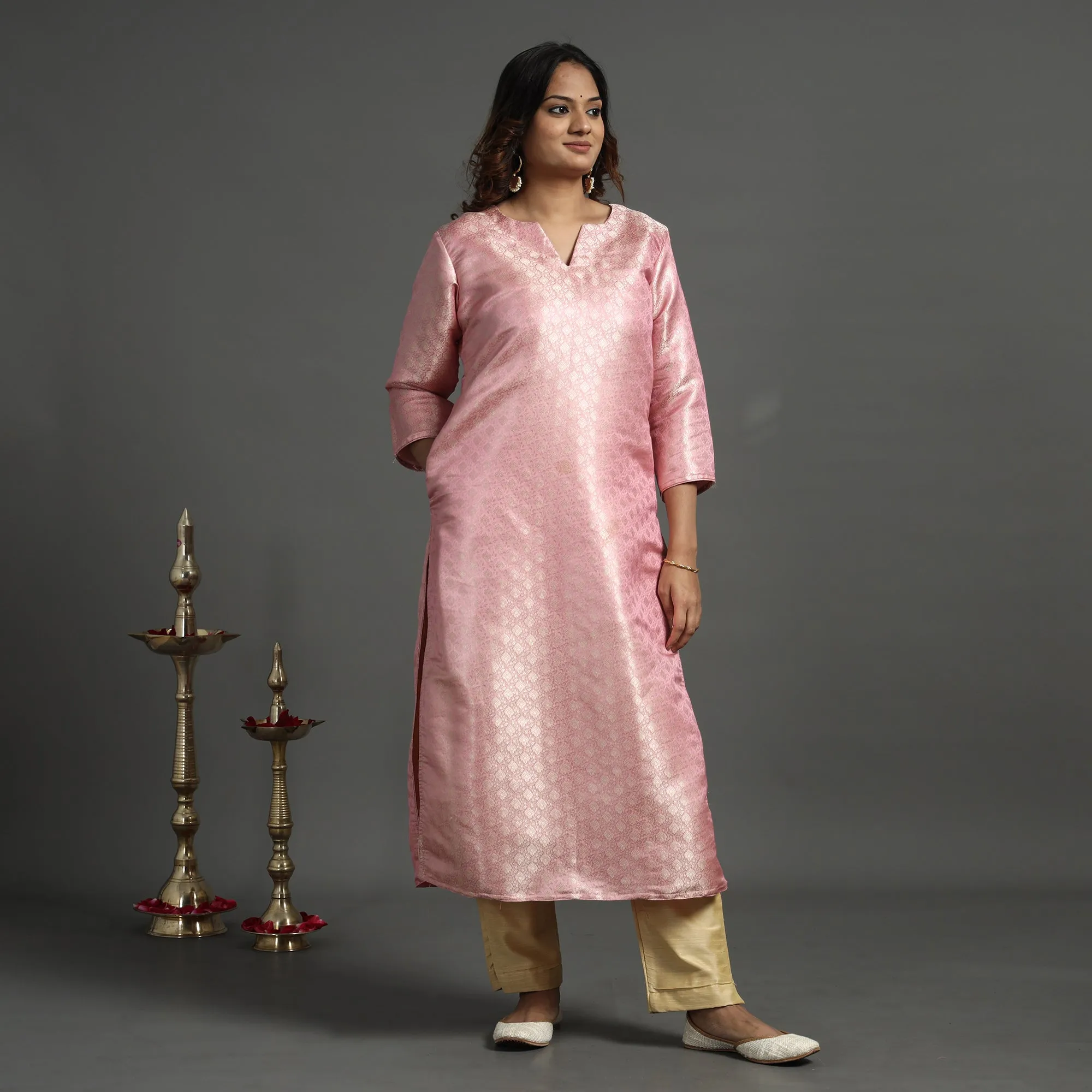 Light Pink - Elegant Banarasi Brocade Silk Kurta with Pant Set