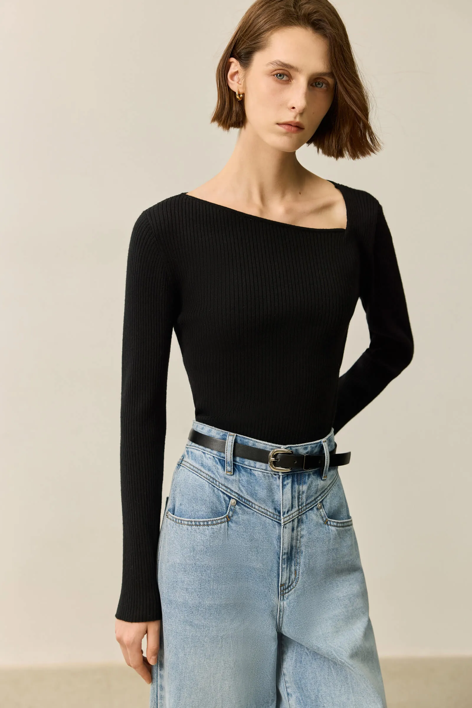 LILY Asymmetric Neckline Knit Top