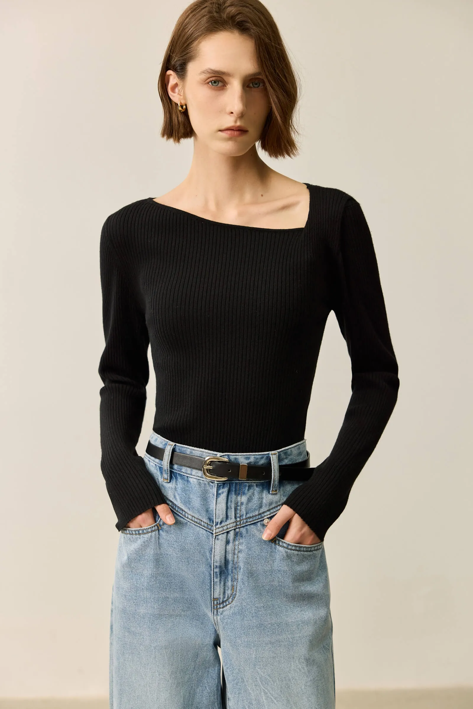 LILY Asymmetric Neckline Knit Top