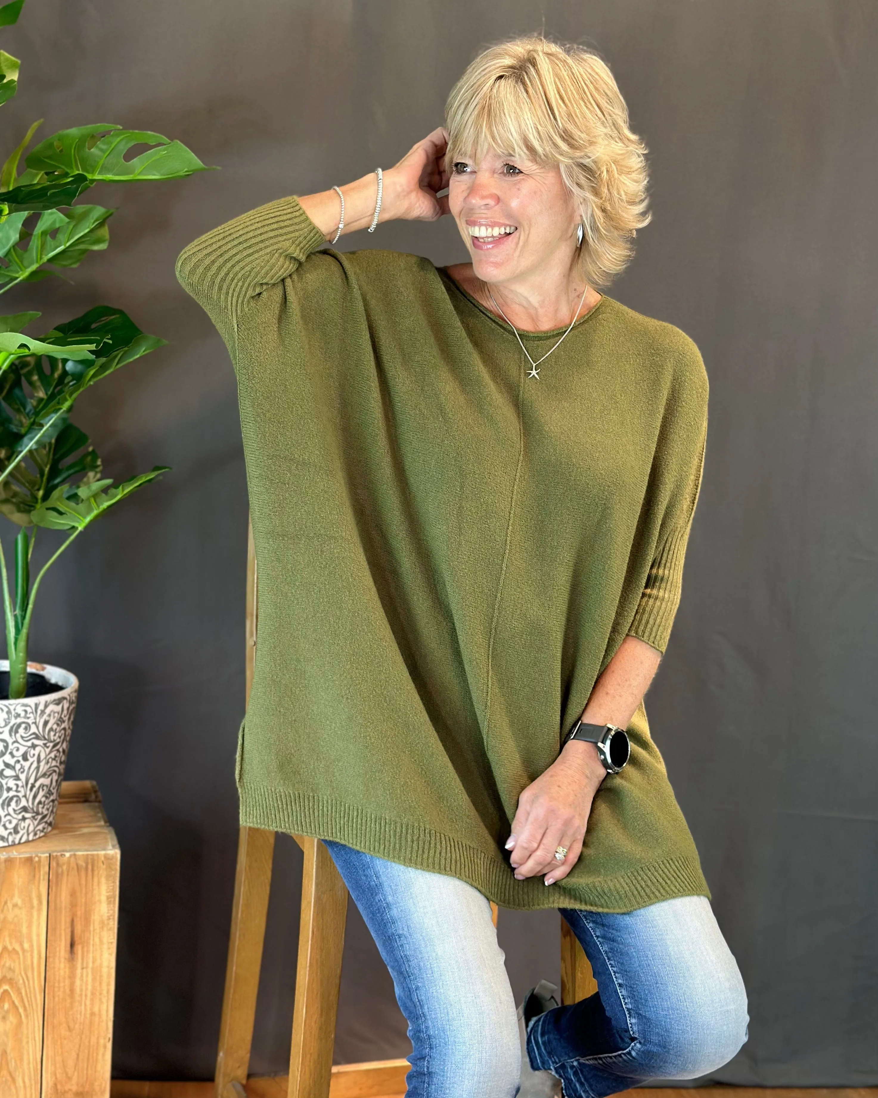 Longline Slouchy Jumper - Khaki