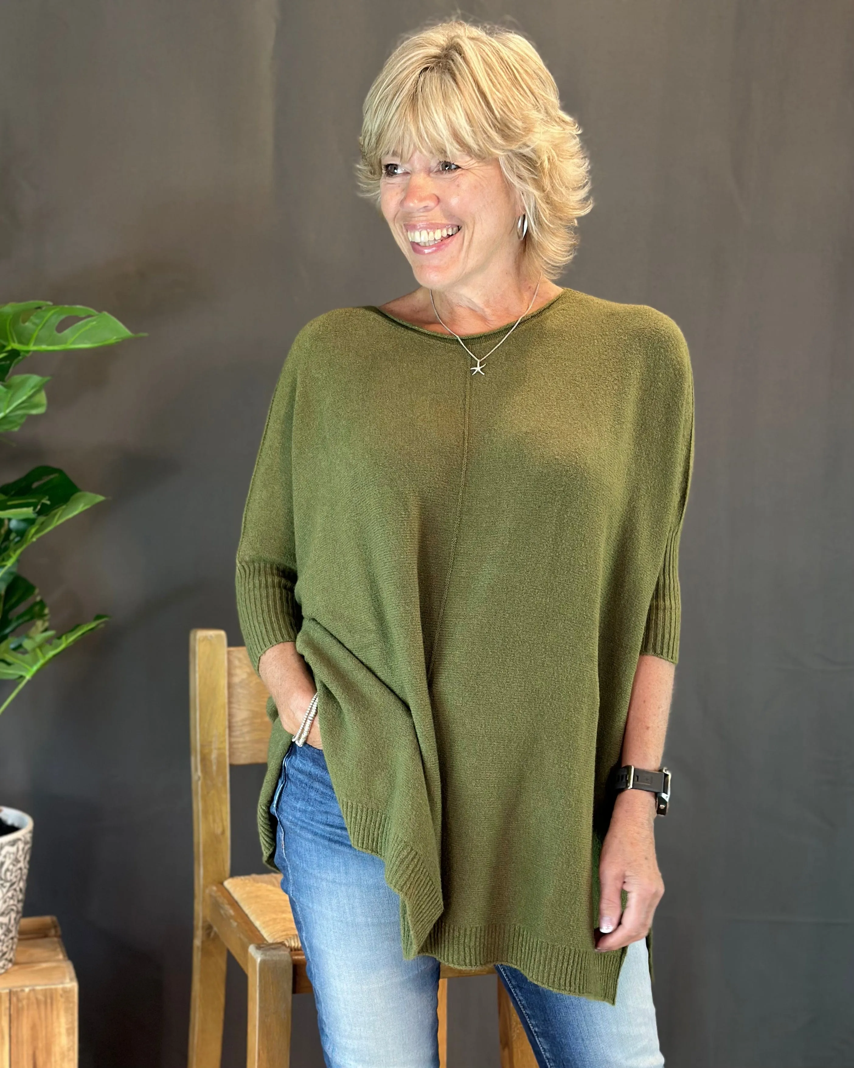 Longline Slouchy Jumper - Khaki