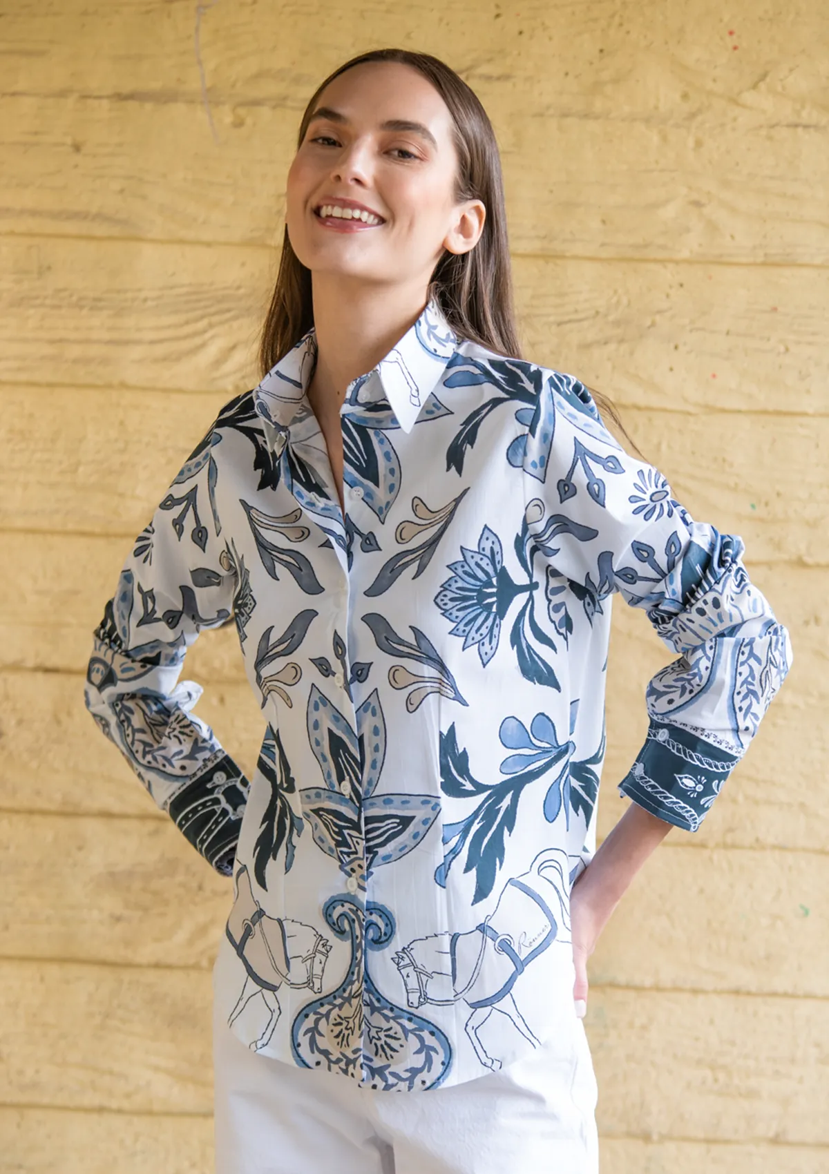 Luciana Cotton Shirt |  Lilyrose Print | White & Navy