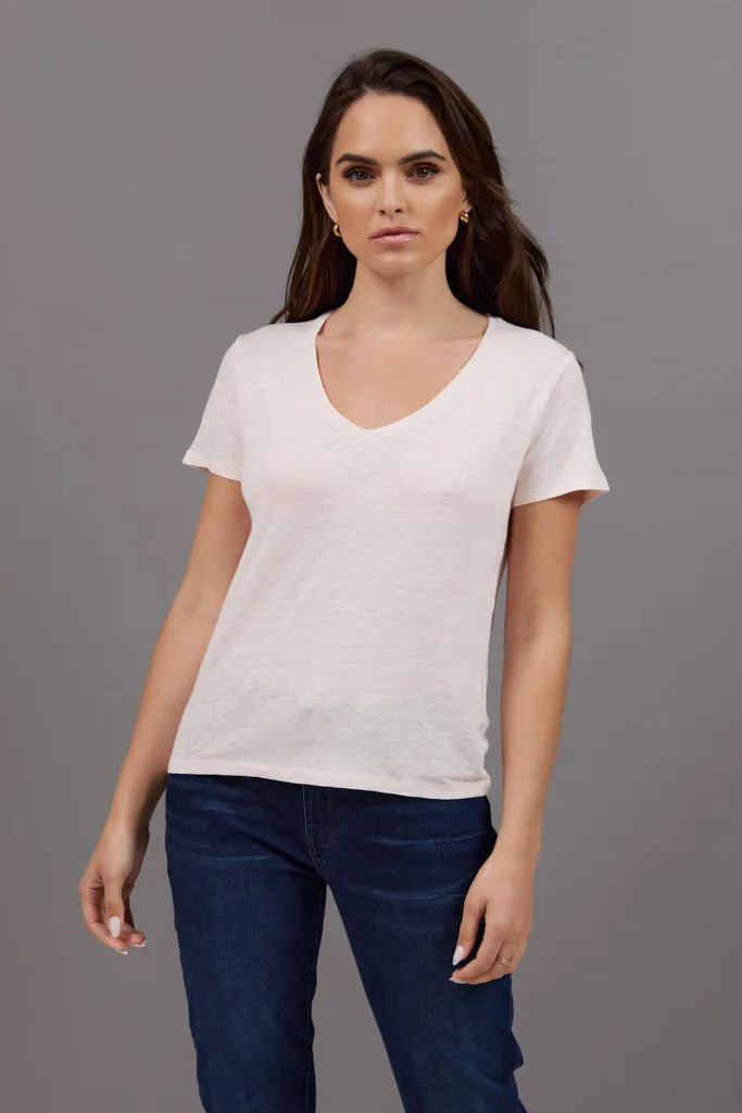 Majestic Short Sleeve Linen V- Neck in Petale