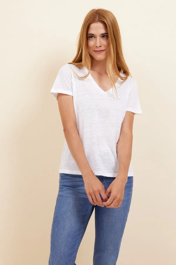 Majestic Short Sleeve Linen V- Neck in White