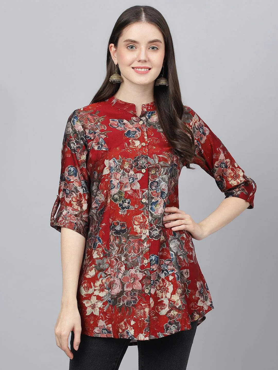 Maroon Floral Printed Modal A-Line Shirts Style Top