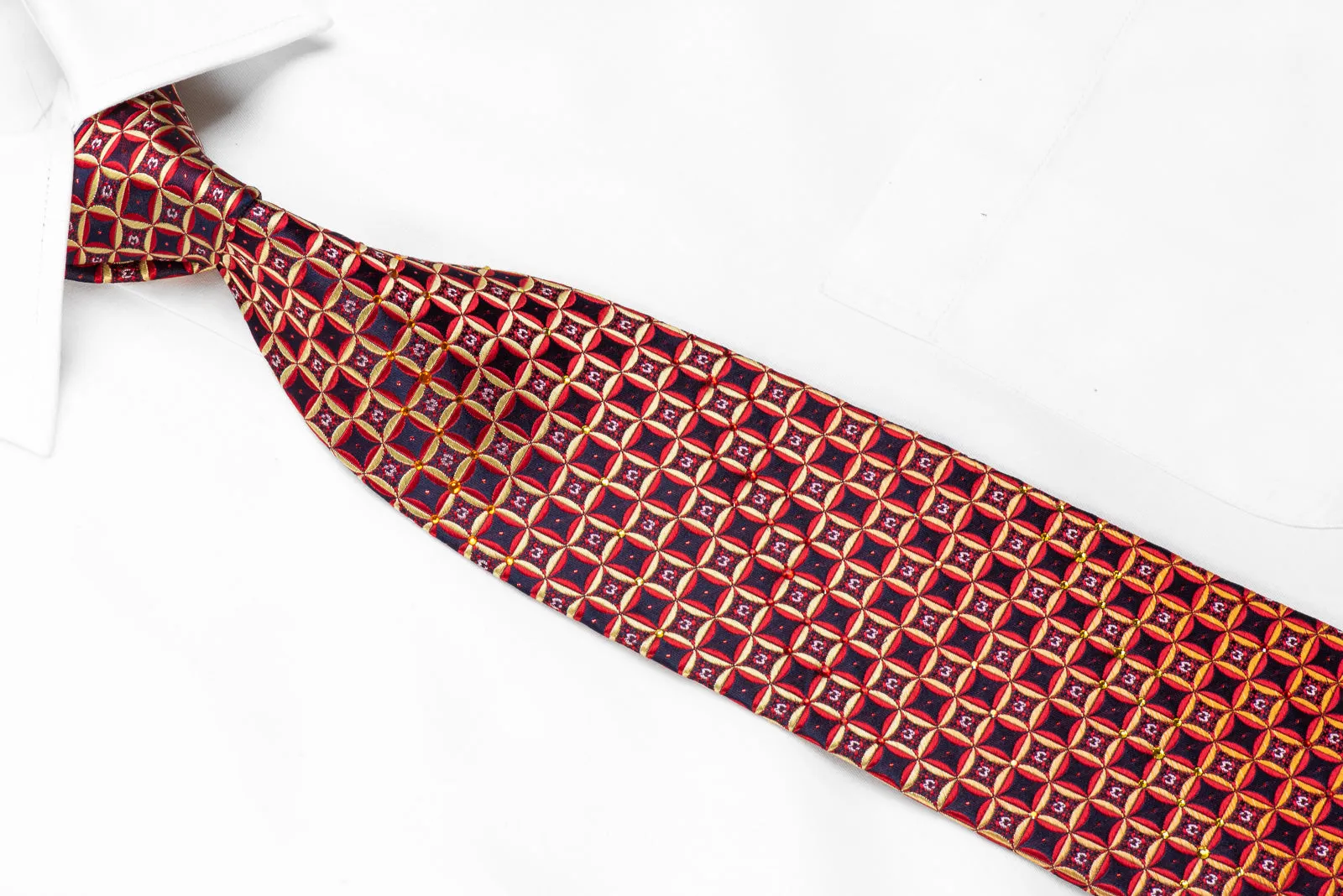 Men's Rhinestone Tie Red Yellow Geometric On Navy With Red Sparkles