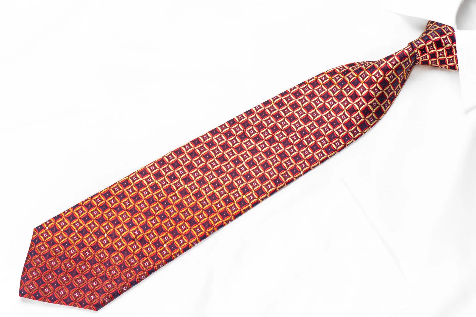 Men's Rhinestone Tie Red Yellow Geometric On Navy With Red Sparkles