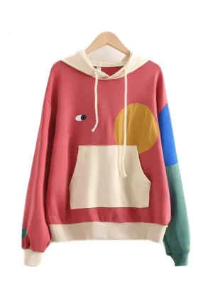 Merry Pretty Women Cartoon Print Patchwork Hoodies Sweatshirts Winter Long Sleeve Pocket Hooded Pullovers Loose Tracksuit