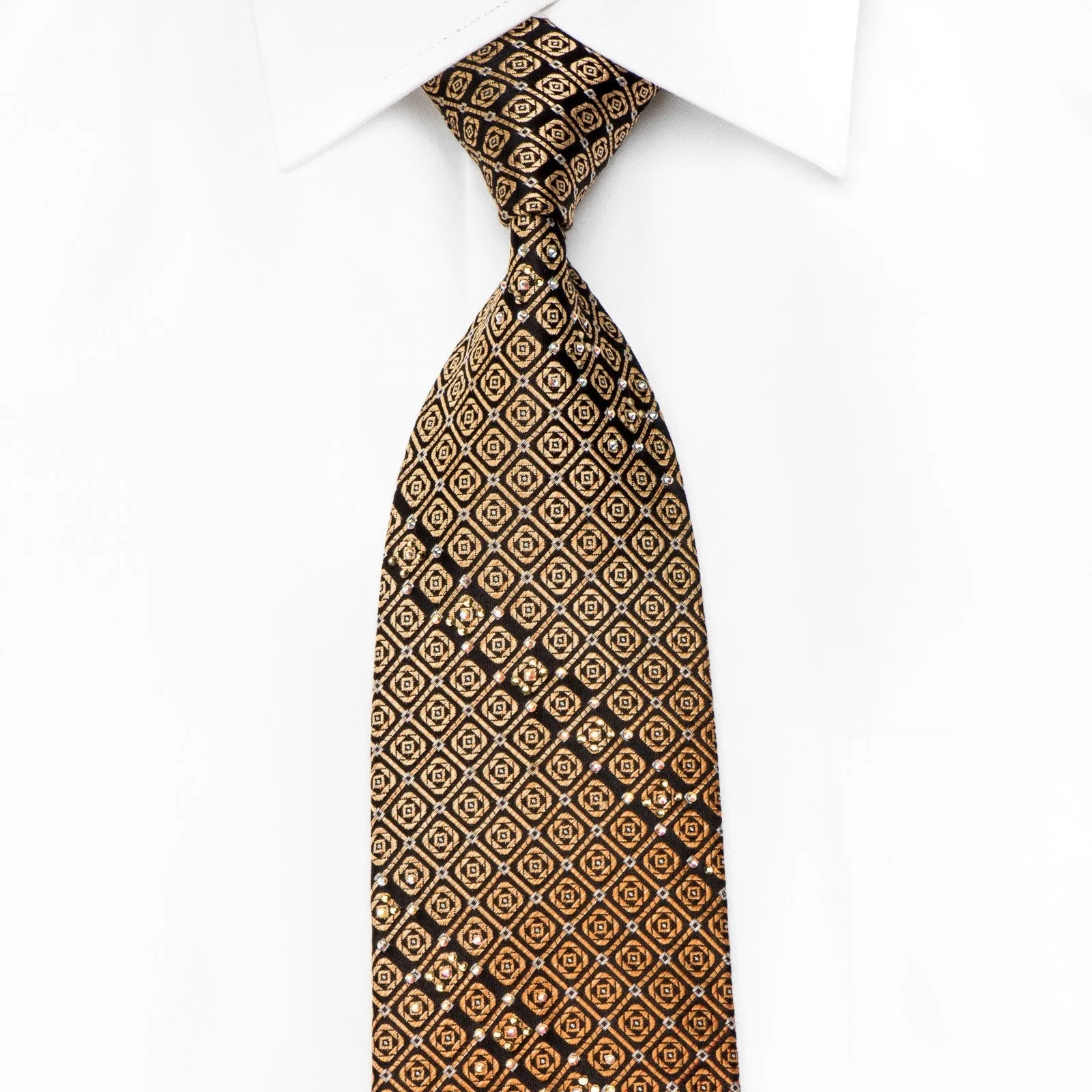 Metro City Men's Crystal Silk Necktie Orange Geometric On Black