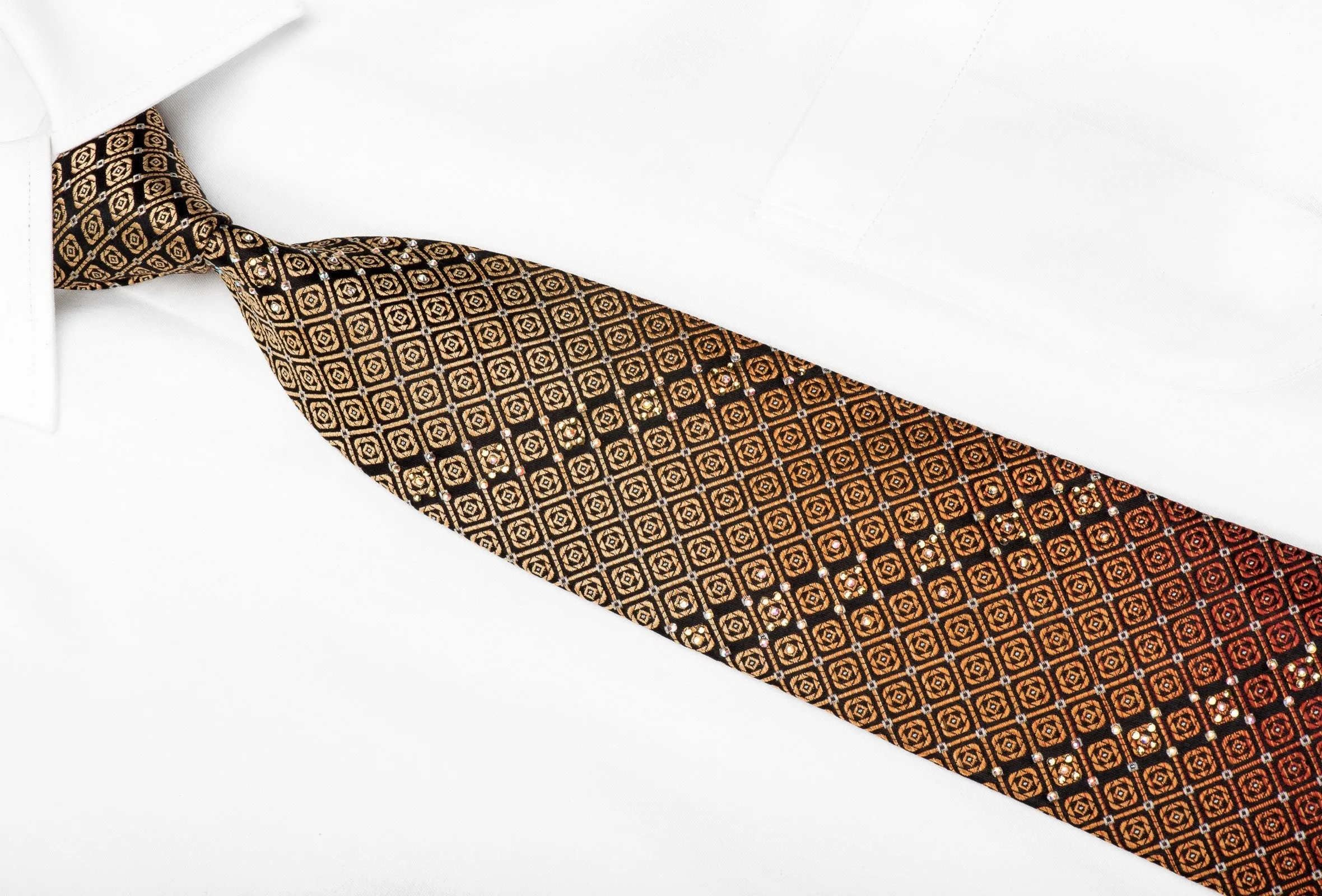 Metro City Men's Crystal Silk Necktie Orange Geometric On Black