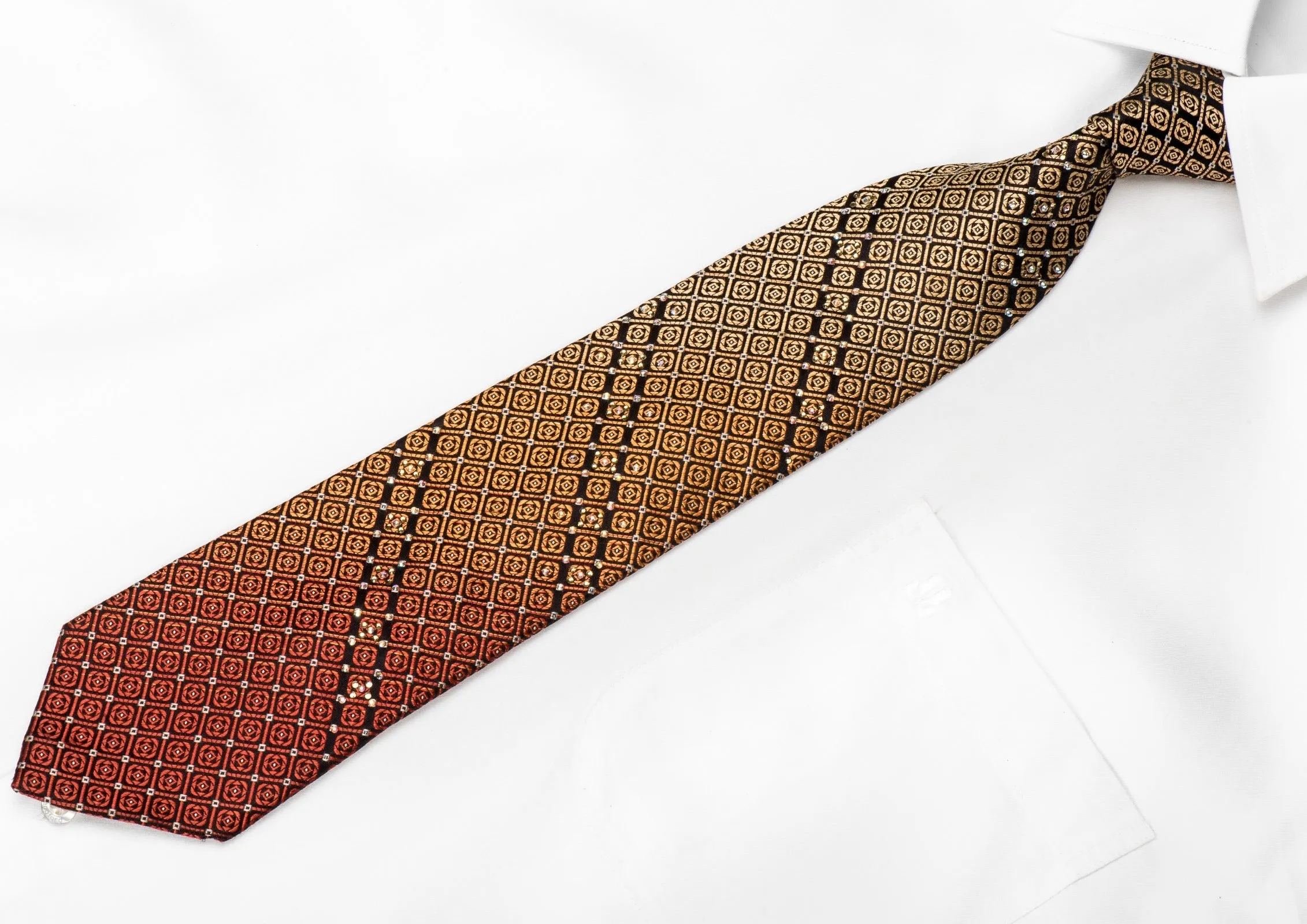 Metro City Men's Crystal Silk Necktie Orange Geometric On Black