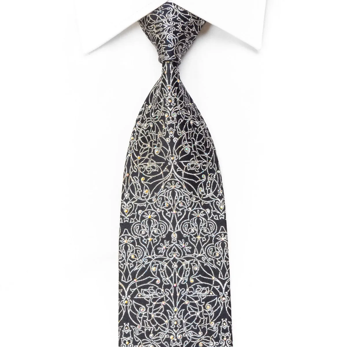 Mila Schon Mens Crystal Rhinestone Necktie Silver Filigree On Navy With Sparkles