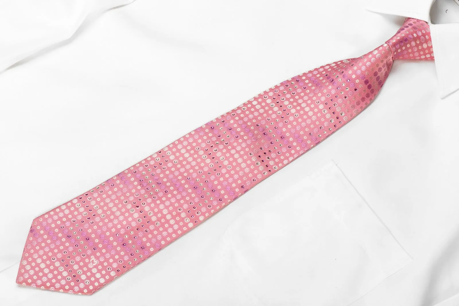 Mila Schon Men's Crystal Rhinestone Silk Necktie Geometric Circles On Pink