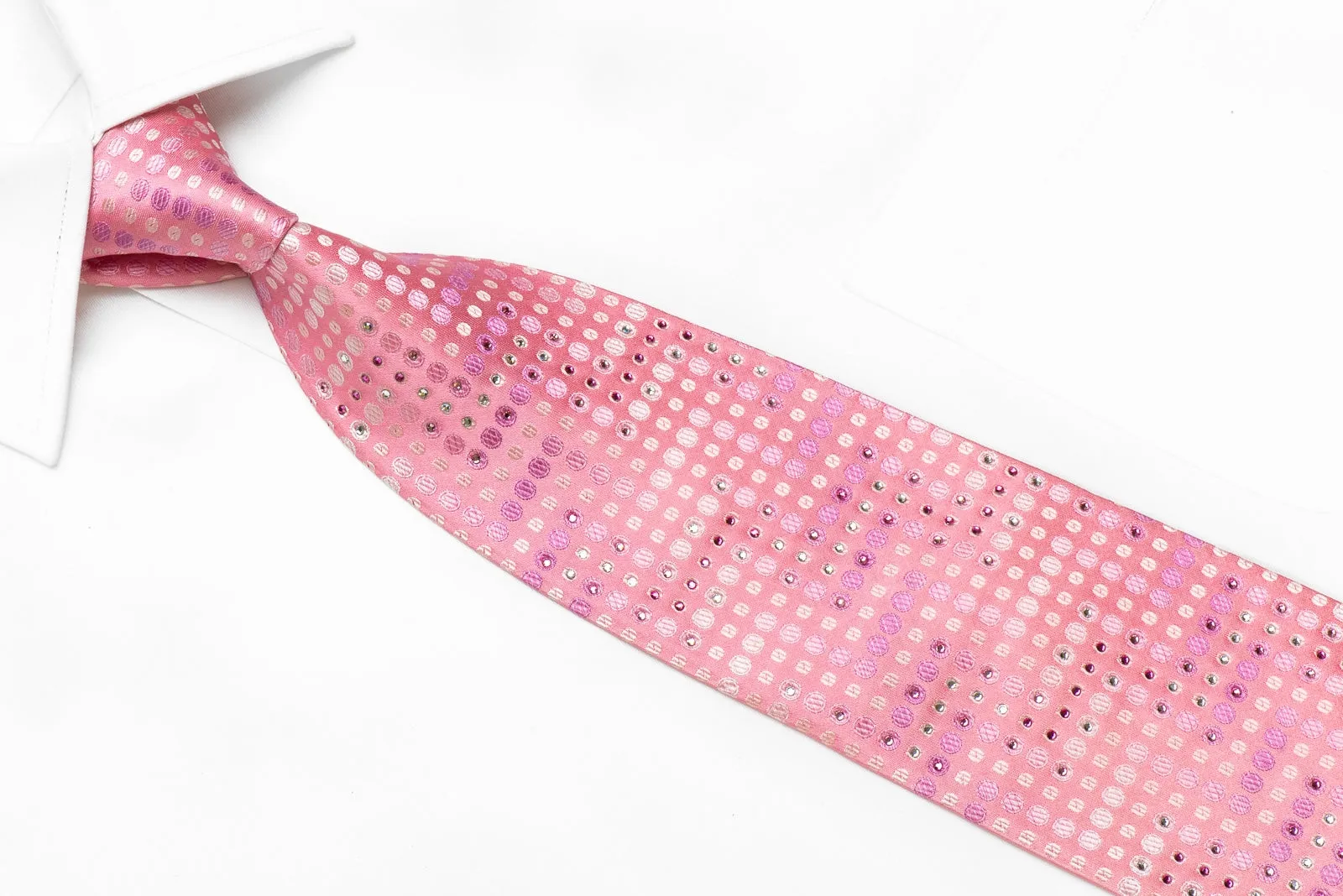 Mila Schon Men's Crystal Rhinestone Silk Necktie Geometric Circles On Pink